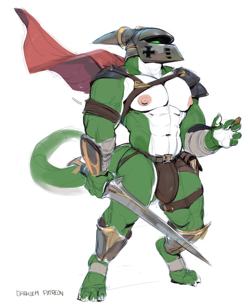 abs anthro armor big_bulge bottomwear bulge cape clothing coin digitigrade green_body green_eyes green_scales headgear helmet holding_melee_weapon holding_object holding_sword holding_weapon horn loincloth male melee_weapon muscular muscular_anthro muscular_male nipples non-mammal_nipples pecs scales simple_background solo spaulder sword tail unconvincing_armor vambrace weapon darkgem mythology tempist dragon mythological_creature mythological_scalie reptile scalie 2021 absurd_res digital_media_(artwork) hi_res