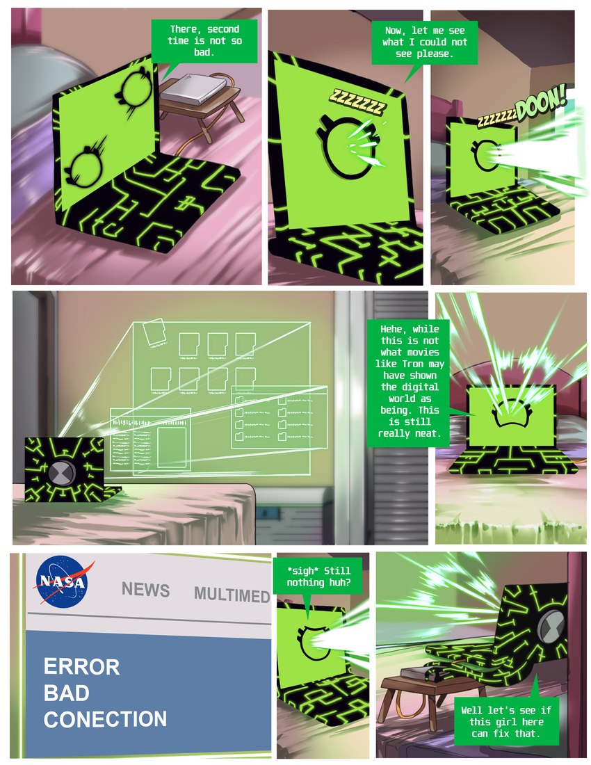 bed bedroom computer dialogue electronics female furniture laptop solo speech_bubble text nauyaco ben_10 cartoon_network nasa gwen_tennyson upgrade_(ben_10) alien galvanic_mechamorph 2024 absurd_res comic english_text hi_res