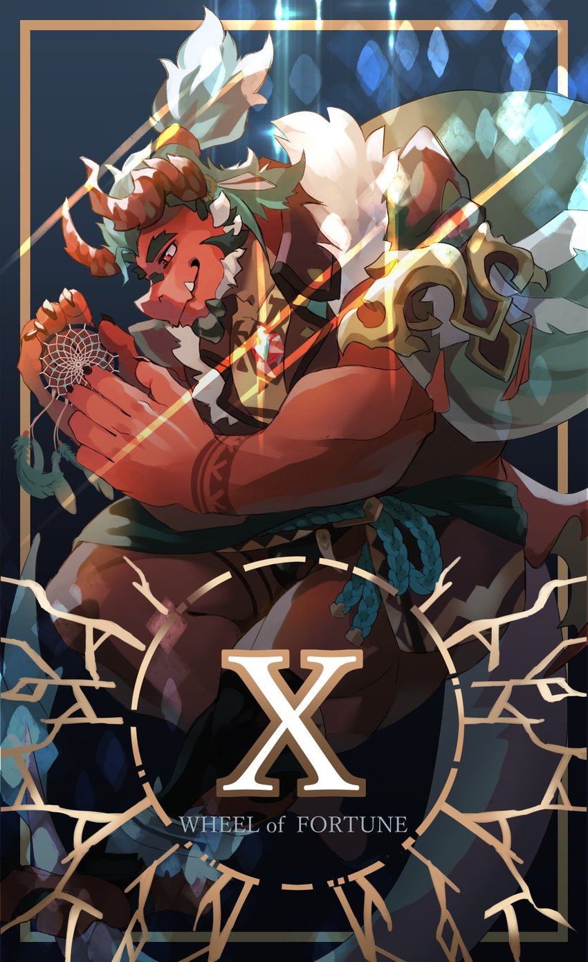 anthro blue_hair cape card card_template clothing crossed_legs dreamcatcher facial_hair goatee hair long_hair major_arcana male ponytail red_body red_scales scales side_view sideburns solo tarot tarot_card wheel_of_fortune_(tarot) white_hair kukku_kuu anothereidos_of_dragon_vein_r mythology atmos_(anothereidos_r) dragon mythological_creature mythological_scalie scalie hi_res