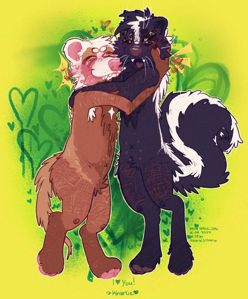 affectionate ambiguous_gender anthro arm_scar arm_tuft armpit_hair autopsy_scar badger_tail black_body black_fur black_paws blush blush_lines bodily_fluids body_hair brown_body brown_claws brown_fur brown_inner_ear brown_nose brown_pawpads brown_paws brown_tongue cheek_tuft chest_tuft claws colored_nails cuddling duo elbow_tuft eyes_closed facial_tuft fluffy fluffy_chest fluffy_tail fur glistening glistening_eyes gradient_background green_heart hand_on_face hand_on_shoulder head_tuft heart_background heart_symbol holding_each_other holding_face hug leg_scar love markings nails nipples open_mouth open_smile pawpads pink_inner_ear pink_nose pink_pawpads pink_tongue pointy_ears round_ears saliva scar scars_all_over self-harm_scars simple_background skunk_tail smile tail tan_body tan_fur teeth text thigh_scar tongue tongue_out tuft whiskers white_body white_fur white_nails x_belly_button yellow_background p_n_g axel_(skunk) puma_(jackrabbit) badger european_badger mammal meles mephitid mustelid musteline skunk striped_skunk 2024 colored digital_drawing_(artwork) digital_media_(artwork) english_text full-length_portrait hi_res portrait shaded signature watermark