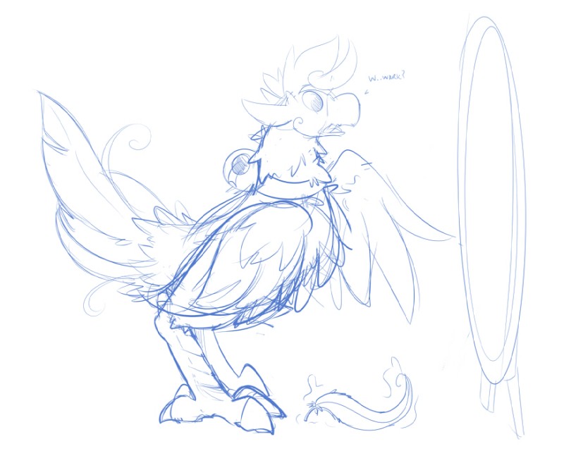 after_transformation ambiguous_gender beak bell collar feathers feral magic mirror simple_background solo tail tail_feathers transformation onigrift final_fantasy square_enix avian chocobo 2016 5:4 blue_and_white monochrome sketch