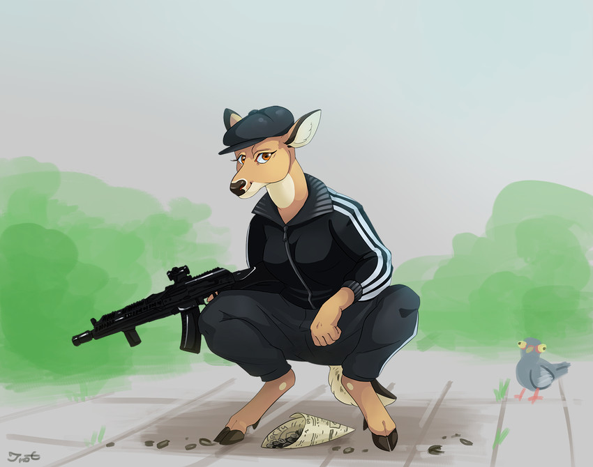 5_fingers ak-105 anthro brown_body clothed clothing cloven_hooves crouching detailed_background female fingers gopnik gun hat headgear headwear holding_gun holding_object holding_ranged_weapon holding_rifle holding_weapon hooves looking_at_viewer ranged_weapon rifle scut_tail short_tail slav_squat sunflower_seed tail tracksuit unguligrade weapon inot kalashnikov unnamed_character cervine deer mammal new_world_deer white-tailed_deer