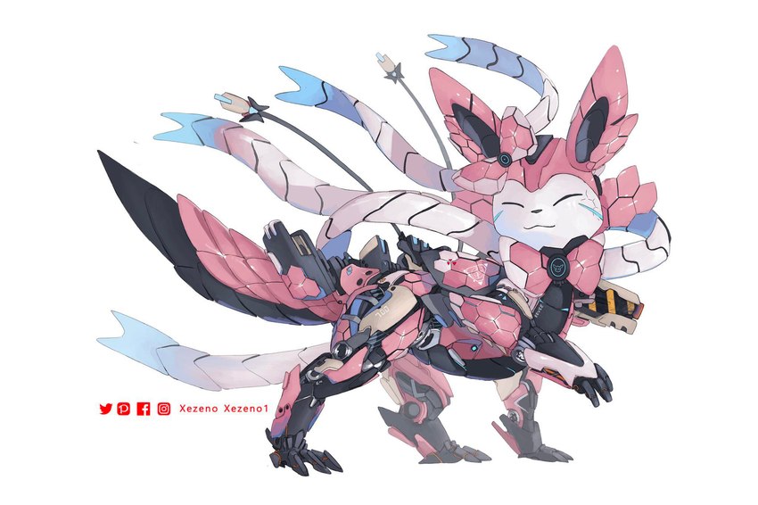 ambiguous_gender eyes_closed feral machine mecha paws simple_background smile solo standing white_background xezeno nintendo pokemon eeveelution generation_6_pokemon pokemon_(species) robot sylveon 2022 digital_media_(artwork) hi_res