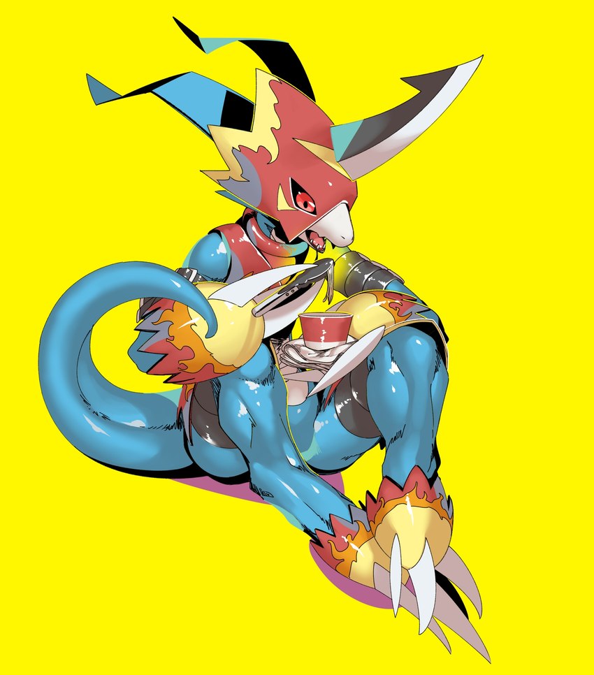 anthro armor blade_fingers blue_body eating food furry_problems horn improvised_furgonomics muscular_legs noodles ramen red_eyes simple_background solo straps tongs tools yellow_background skink_hisshiss bandai_namco digimon digimon_(species) flamedramon hi_res