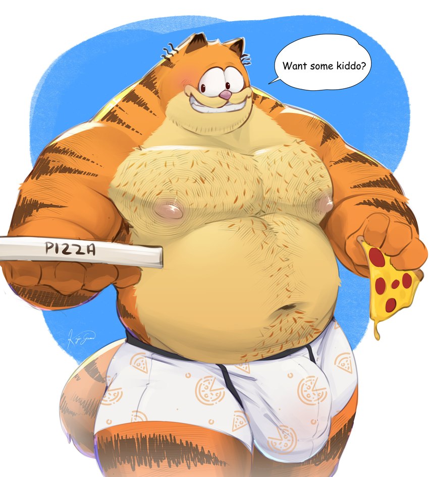 anthro barazoku big_bulge body_hair boxer_briefs boxer_briefs_only bulge chest_hair clothed clothing container detailed_bulge duo food hairy male male/male mature_male musclegut muscular nipples overweight overweight_male pattern_clothing pattern_underwear pecs pizza pizza_box text topless underwear underwear_only kajin-sama garfield_(series) sony_corporation sony_pictures the_garfield_movie_(2024) vic_(garfield) domestic_cat felid feline felis mammal 2023 absurd_res english_text hi_res