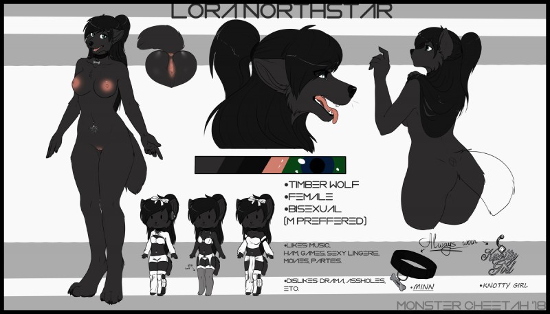 anthro black_border border breasts clitoris female genitals navel navel_piercing nipples nude piercing pussy solo text monstercheetah lora_northstar canid canine canis mammal wolf digital_media_(artwork) english_text hi_res model_sheet