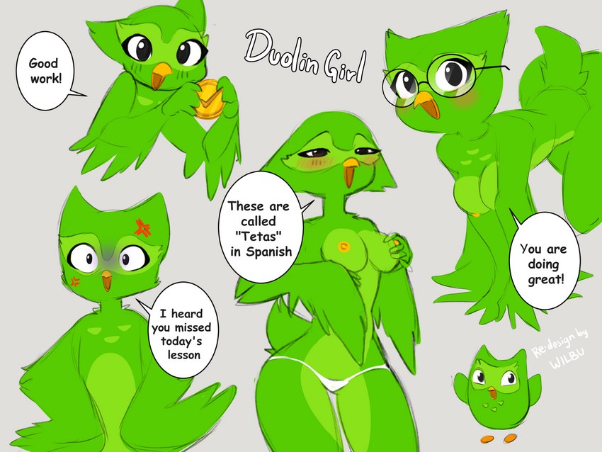 all_fours anthro anthrofied areola beak black_eyes blush blush_lines breasts chest_markings clothing cross-popping_vein crossgender dialogue eyelashes eyewear feathers female glasses green_body green_feathers grey_background holding_breast holding_object looking_at_viewer markings mascot mtf_crossgender nipples non-mammal_breasts non-mammal_nipples open_mouth panties pink_areola pink_nipples reference_image simple_background solo speech_bubble standing tail text underwear white_clothing white_panties white_underwear winged_arms wings wilbuwann duolingo duo_(duolingo) avian bird owl 2023 4:3 comic_sans digital_media_(artwork) english_text hi_res