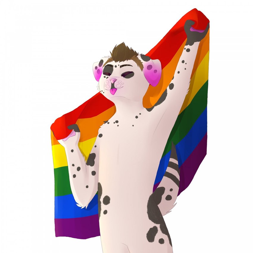 anthro blep cheering flag flag_(object) fur hair holding_flag holding_object lgbt_pride male markings pink_ears pink_nose pride_color_flag pride_colors rainbow_flag rainbow_pride_colors rainbow_pride_flag rainbow_symbol simple_background six-stripe_rainbow_pride_colors solo spots spotted_markings tongue tongue_out white_background chirasomria halen canid canine canis dalmatian domestic_dog mammal 1:1 hi_res