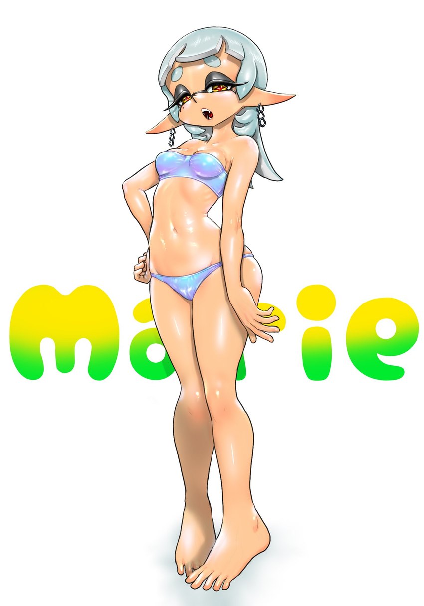 blue_clothing blue_swimwear breasts clothing cross_pupils ear_piercing eyebrows eyeshadow female front_view grey_eyeshadow grey_hair hair humanoid_pointy_ears looking_at_viewer makeup markings mole_(marking) mole_under_eye navel open_mouth piercing pointy_ears pseudo_hair simple_background small_breasts solo suntan swimwear tan_body tan_skin tentacle_hair tentacles text thick_eyebrows thick_thighs white_background wide_hips yellow_eyes koharuno2 nintendo splatoon marie_(splatoon) animal_humanoid cephalopod cephalopod_humanoid humanoid inkling marine marine_humanoid mollusk mollusk_humanoid squid_humanoid hi_res