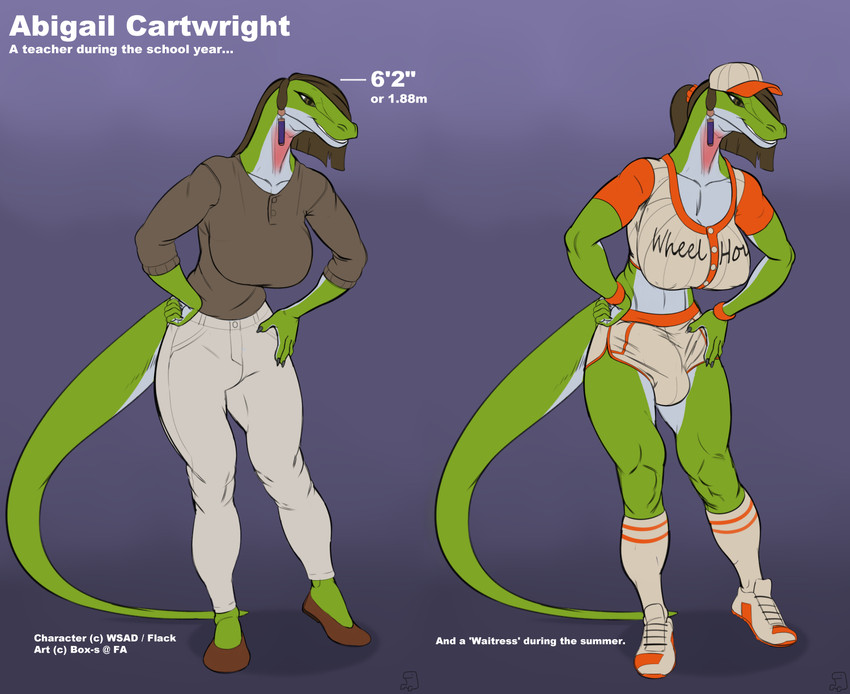 anthro baseball_uniform big_breasts bottomwear breasts brown_eyes brown_hair bulge clothing curvy_figure erect_nipples footwear green_body green_skin grey_body grey_skin gynomorph hair hat headgear headwear hotpants intersex muscle_tone muscular muscular_anthro muscular_gynomorph muscular_intersex nipples non-mammal_breasts pants shirt shoes shorts socks solo sportswear straight_hair sweater tank_top text topwear uniform box-s abigail_(wsad) anole carolina_anole lizard reptile scalie english_text hi_res model_sheet