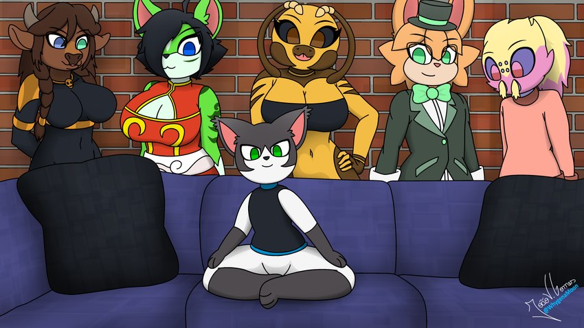 anthro blue_eyes brick_wall brown_eyes female fur furniture green_body green_eyes green_fur group hair herm heterochromia intersex looking_at_viewer male on_sofa ponytail red_eyes sitting sitting_on_sofa sofa wall_(structure) whygenamoon nintendo piper_perri_surrounded pokemon candybite_(poisonedcherry) carrot_(carrotsjamz) esther_(gamingeelektross) feng_(twilightzephyr) jota_the_cat arthropod bovid bovine felid feline galvantula generation_5_pokemon hymenopteran insect mammal pokemon_(species) 16:9 absurd_res hi_res meme widescreen