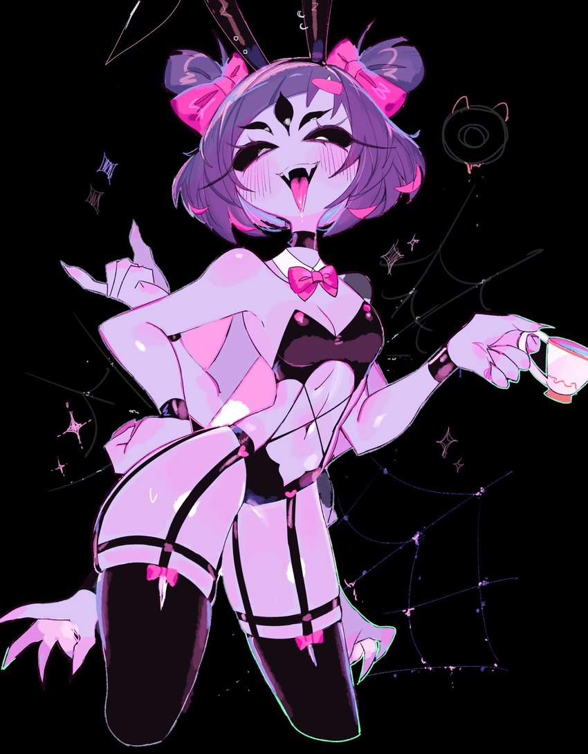 anthro black_background blush bodily_fluids bow_tie bra clothing container cup drooling fake_ears fangs female garter_straps glistening_thighs legwear lingerie multi_arm multi_eye multi_limb panties saliva simple_background solo tea_cup teeth thigh_highs tongue tongue_out underwear usa37107692 undertale undertale_(series) muffet arachnid arthropod spider hi_res