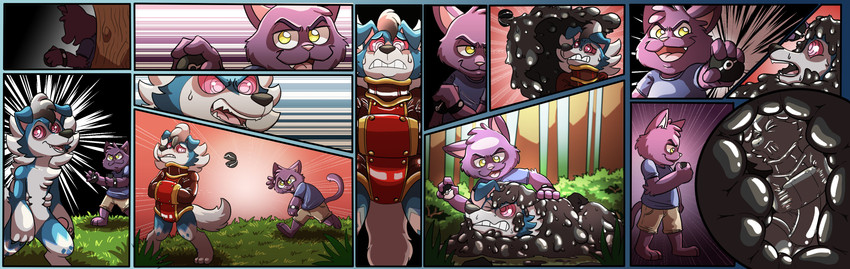 alternate_color anthro bdsm black_nose bondage bound clock clothed clothing encasement fangs glistening group latex male open_mouth pokeball restraints straitjacket teeth watch wristwatch yellow_eyes panapoliz nintendo pokemon mittens_(panapoliz) canid canine domestic_cat felid feline felis generation_7_pokemon lycanroc mammal midnight_lycanroc pokemon_(species) shiny_pokemon absurd_res comic hi_res