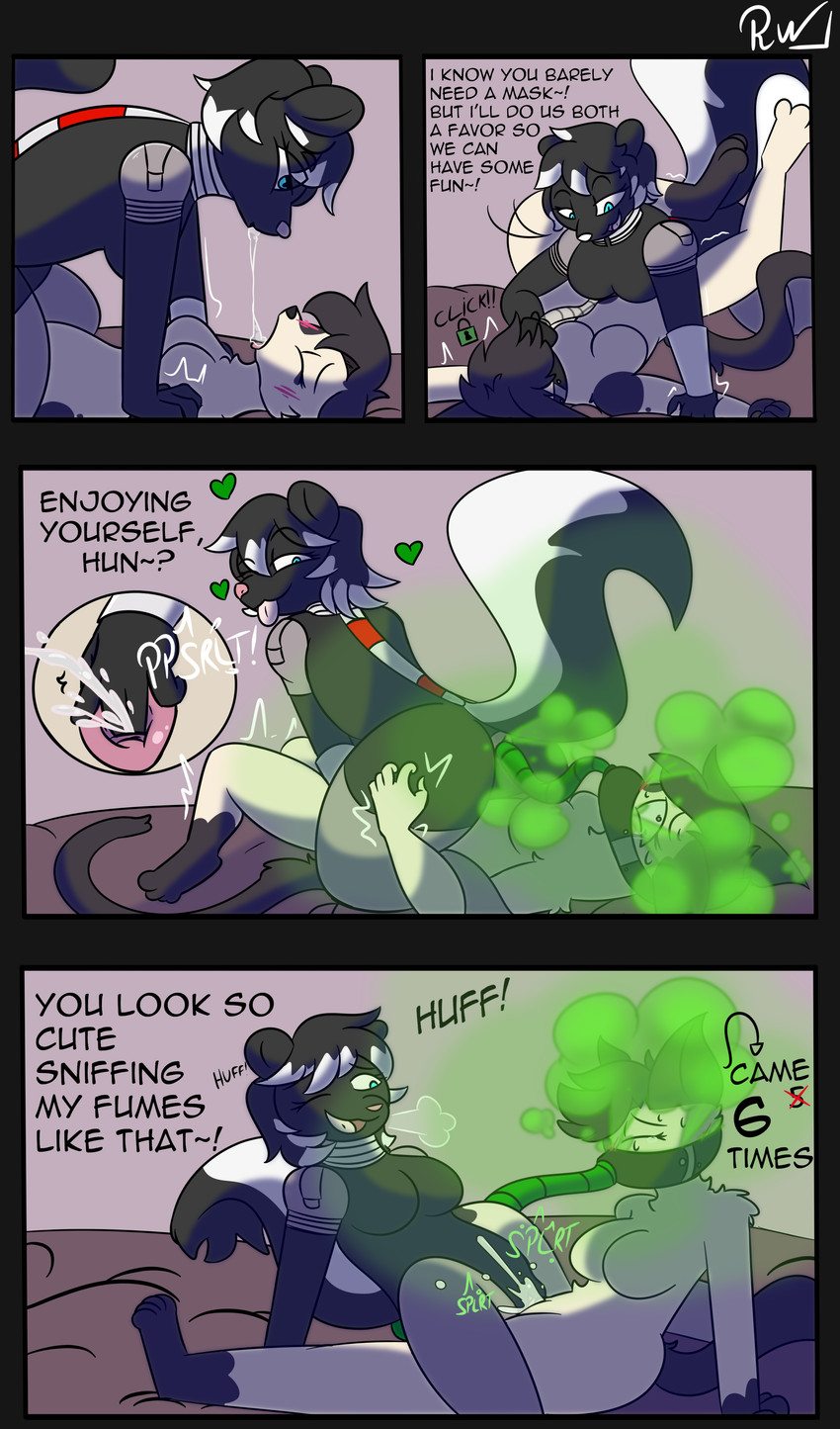 anthro blush blush_lines bodily_fluids crying cum dominant dominant_female duo ejaculation fart fart_cloud fart_fetish fart_mask fart_sniffing farting_in_mouth farting_on_another farting_on_face female female/female fingering fingering_partner gas_mask genital_fluids genitals mask masturbation mocking multiple_orgasms orgasm saliva saliva_string sex shaking sitting sitting_on_another skunk_tail slit_fingering smelly sniffing spitting_drink spitting_in_mouth submissive submissive_female sweat sweatdrop tears teasing text trembling tribadism vaginal vaginal_fluids vaginal_squirting vulva rancidwyrm domestic_cat felid feline felis mammal mephitid skunk absurd_res comic english_text hi_res