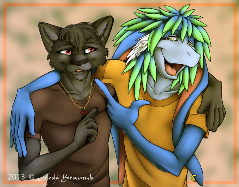 anthro black_body black_fur blue_hair clothing duo fangs fur gesture green_hair hair hand_gesture male muscular plushie pointing pointing_at_another pointing_at_head shirt teeth topwear hoshi_kitsunuki muppets beeks kipley domestic_cat felid feline felis mammal muppet 2013