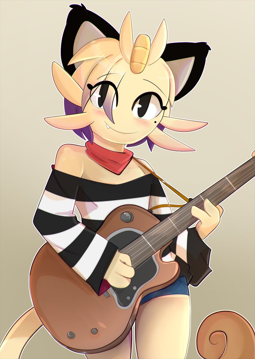 anthro blush bottomwear clothed clothing electric_guitar front_view guitar holding_guitar holding_musical_instrument holding_object light_body male mouth_closed musical_instrument noseless off_shoulder playing_guitar playing_music plucked_string_instrument shirt smile snaggle_tooth string_instrument tail topwear kitsunekotaro nintendo pokemon generation_1_pokemon meowth pokemon_(species) digital_media_(artwork) hi_res portrait three-quarter_portrait