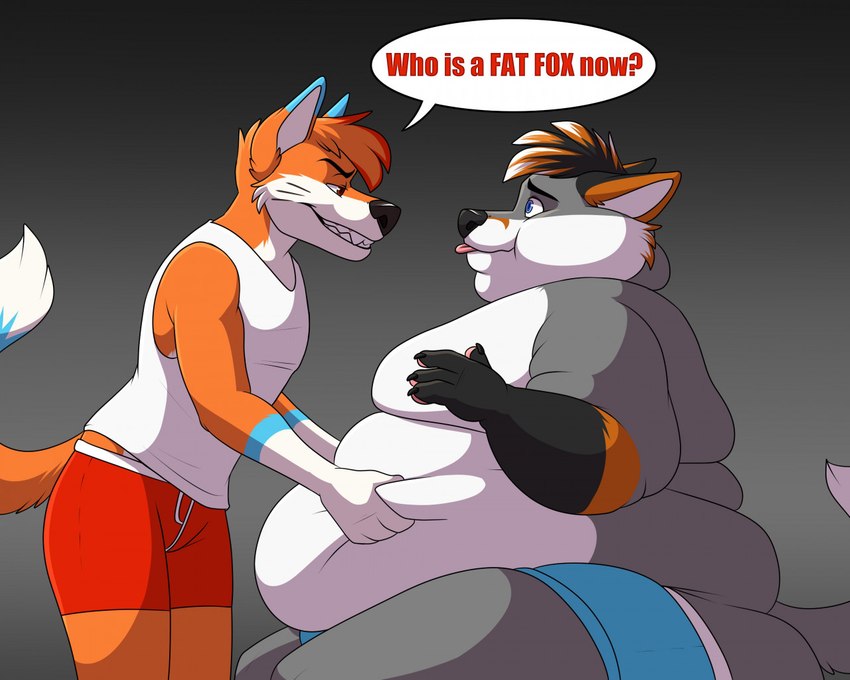 anthro belly belly_grab clothed clothing dialogue duo feral growth male male/male moobs obese obese_male overweight overweight_male side_view smile speech_bubble teasing text topless underwear weight_gain shikakaka reuben_fox canid canine fox grey_fox mammal urocyon 5:4 english_text brother_(lore) brothers_(lore) sibling_(lore)