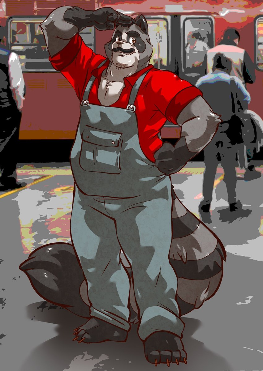 anthro biped clothing facial_hair grey_body group humanoid_hands male mustache overalls shirt slightly_chubby topwear markwulfgar mammal procyonid raccoon 2022 hi_res