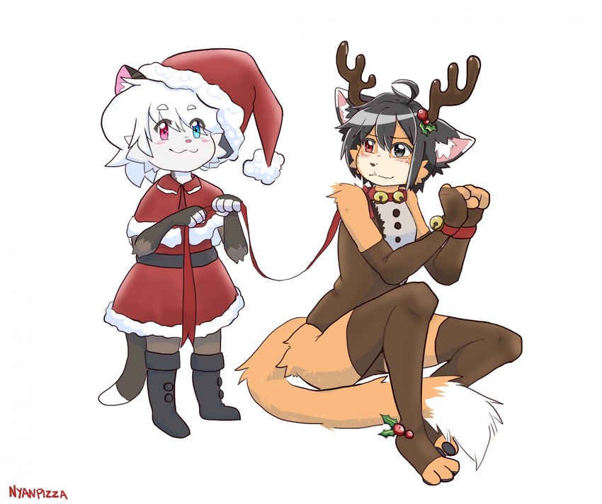 anthro black_ears black_hair blush bound christmas_clothing christmas_headwear clothing collar costume duo female fur hair hands_tied hat headgear headwear heterochromia holidays leash legwear looking_at_another looking_at_viewer male male/female multicolored_body multicolored_fur orange_body orange_fur reindeer_costume santa_costume santa_hat short_hair sitting smile standing stockings white_body white_fur white_hair nyanpizza christmas american_opossum domestic_cat felid feline felis mammal marsupial 2020 digital_media_(artwork) shaded