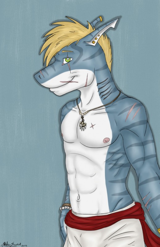 abs anthro athletic biceps biped clothed clothing ear_piercing green_eyes hair looking_at_viewer male muscular muscular_anthro nipples piercing scar smile solo standing stripes topless ace_stryker fish marine shark 2013 hi_res