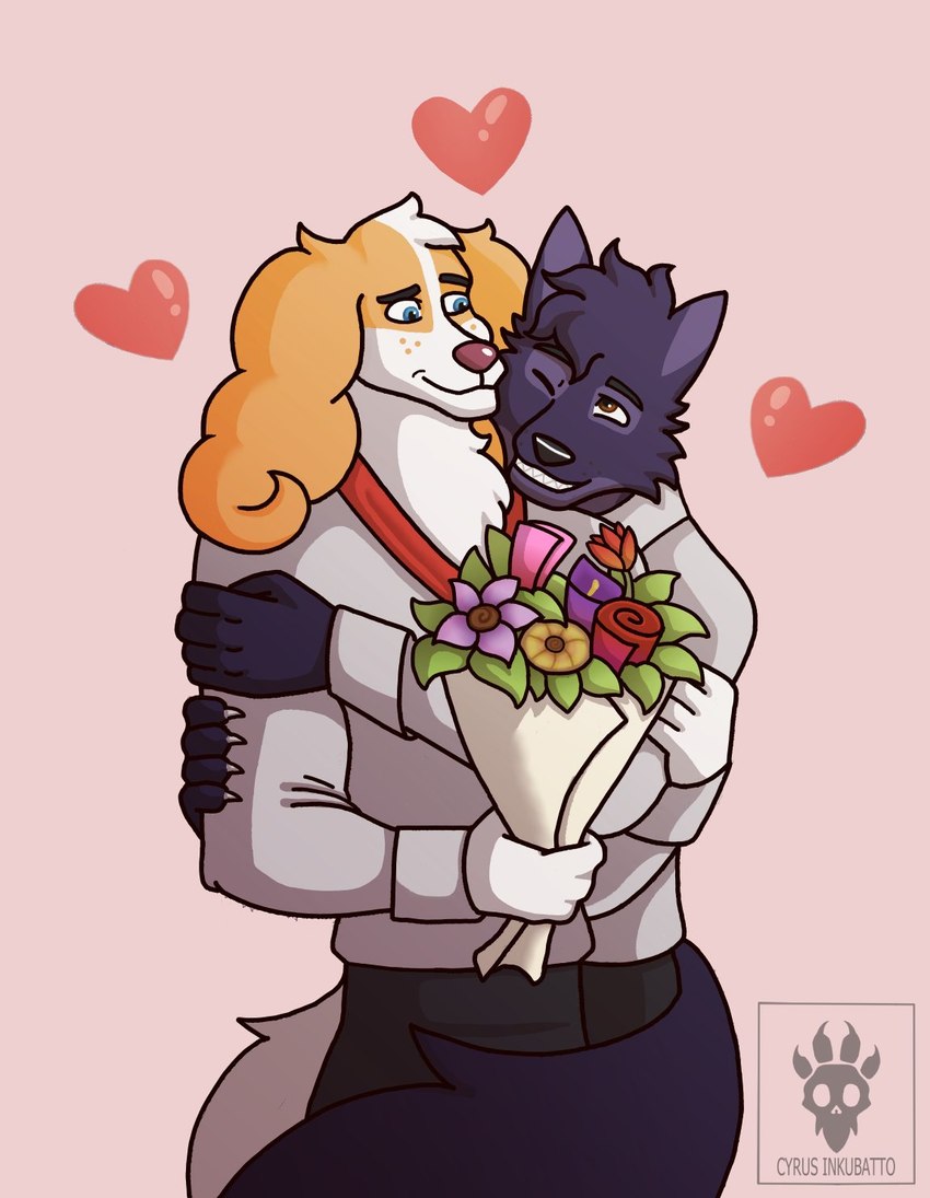 anthro blue_eyes brown_eyes clothing flower heart_symbol holidays hug male male/male pink_background plant simple_background smile smiling_at_another smiling_at_partner winking_at_partner cyrus-inkubatto belfort_and_lupin valentine's_day belfort_(belfort_and_lupin) lupin_(belfort_and_lupin) canid canine canis domestic_dog mammal wolf hi_res