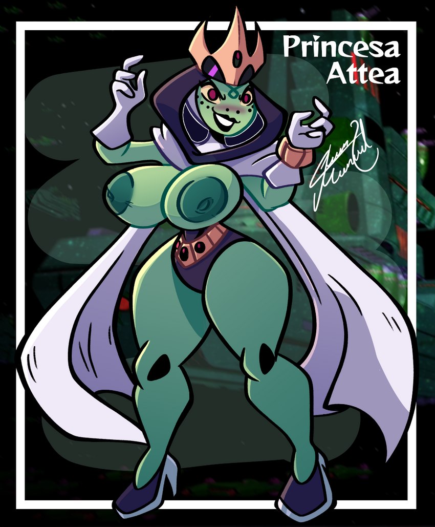 big_breasts blush breasts clothed clothing crown eyewear female green_body green_skin headgear huge_thighs lips nipples not_furry nude smile solo text thick_thighs juanp1arts ben_10 cartoon_network attea alien alien_humanoid amphibian animal_humanoid frog humanoid incursean mammal mammal_humanoid hi_res spanish_text translated