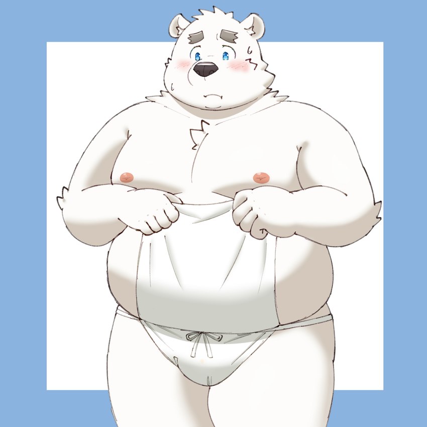 anthro asian_clothing belly big_belly blue_eyes blush bodily_fluids clothing east_asian_clothing fundoshi humanoid_hands japanese_clothing kemono male moobs nipples overweight overweight_male simple_background solo sweat underwear white_body white_clothing white_fundoshi white_underwear yaki_atsuage utau shirane_kan bear mammal polar_bear ursine 1:1 2023 hi_res