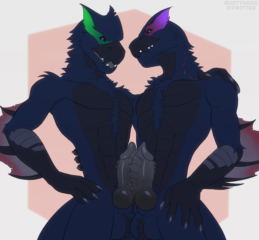 anthro balls black_penis claws erection finger_claws frottage fur genitals knot looking_at_viewer male male/male penile penis sex simple_background standing rustymiko capcom monster_hunter digital_drawing_(artwork) digital_media_(artwork)