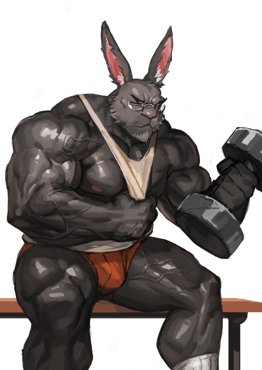 anthro bottomwear clothed clothing exercise eyewear footwear glasses long_ears male muscular muscular_anthro muscular_male nipple_piercing nipples piercing shirt shorts socks solo tank_top topwear vein veiny_muscles weightlifting white_clothing white_footwear white_socks workout traver009 lagomorph leporid mammal rabbit absurd_res hi_res