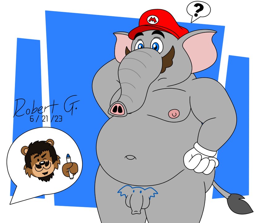 anthro balls blue_eyes body_drawing clothing elephant_fruit facial_hair flaccid foreskin frown genitals grey_body grey_skin hat headgear headwear male marker moobs mustache nipples overweight overweight_male penis power-up question_mark speech_bubble trunk robertgdraws mario_bros nintendo super_mario_bros_wonder elephant_mario mario elephant elephantid mammal proboscidean