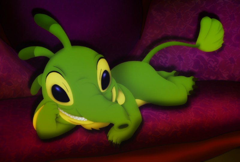 3_toes 4_fingers antennae_(anatomy) black_eyes claws dipstick_antennae feet fingers fur furniture green_body green_claws green_fur grin looking_at_viewer multicolored_antennae pose seductive smile sofa solo toe_claws toes trunk amegared disney lilo_and_stitch felix_(lilo_and_stitch) alien experiment_(lilo_and_stitch) 2019 digital_media_(artwork)