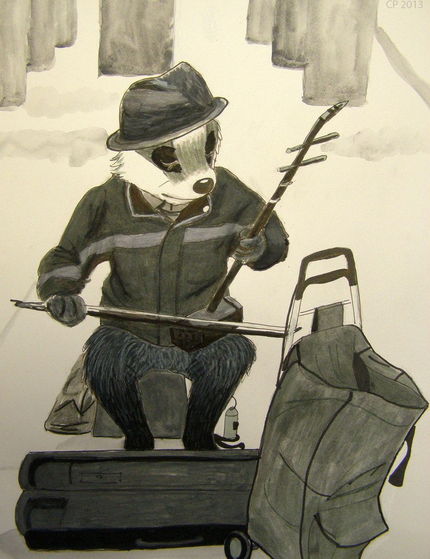 anthro bag bowed_string_instrument busking case clothed clothing erhu eyes_closed fedora fur hat headgear headwear holding_bow_(stringed_instrument) jacket looking_aside luggage male multicolored_body multicolored_fur musical_instrument neutral_expression partially_clothed paws playing_music shirt sitting sitting_on_stool solo string_instrument topwear trolley christaphorac asian_badger badger mammal meles mustelid musteline 2013 absurd_res hi_res monochrome traditional_media_(artwork) watermark