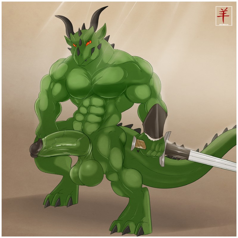 3_toes 5_fingers abs anthro armor athletic balls barefoot biceps big_balls big_muscles big_penis biped black_glans border broadsword claws digitigrade erection feet fingers genitals glans green_balls green_body green_penis green_skin horn huge_muscles humanoid_genitalia humanoid_penis looking_at_viewer male melee_weapon muscular muscular_anthro muscular_male nude pecs penis pose pupils red_eyes scales slit_pupils smile solo standing sword tail thick_penis toe_claws toes vein veiny_penis weapon white_border aaron_(artist) mythology varanis_blackclaw dragon lizard mythological_creature mythological_scalie reptile scalie 1:1 2014 digital_media_(artwork) hi_res