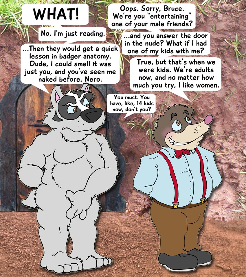 4_fingers answering_door anthro black_nose blush brown_body brown_eyes brown_fur casual_nudity clothed clothed/nude clothed_male clothing covering covering_crotch dialogue duo fingers flustered fur grey_body grey_fur looking_away male mature_anthro mature_male nude outside overalls photo_background pink_nose slightly_chubby slightly_chubby_anthro slightly_chubby_male speech_bubble standing stated_heterosexuality stated_sexuality text brucebadger bruce_(brucebadger) nero_(brucebadger) badger eulipotyphlan mammal mole_(animal) mustelid musteline 2019 english_text photography_(artwork)