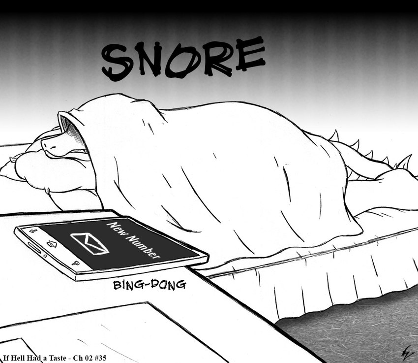 anthro bedding blanket cellphone different_sound_effects electronics male onomatopoeia phone pillow ringing sleeping snoring solo sound_effects tail text viroveteruscy if_hell_had_a_taste mythology skylar_fidchell dragon mythological_creature mythological_scalie reptile scalie 2016 comic english_text monochrome