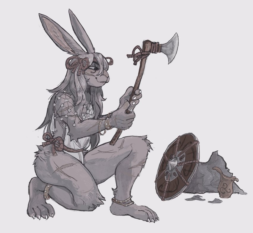 anklet anthro axe biped bracelet claws facial_scar female fur grey_body grey_fur grey_hair hair holding_axe holding_object jewelry kneeling long_hair round_shield scar scars_all_over shield simple_background solo toe_claws triskele triskelion warrior weapon white_background toffee_32 lagomorph leporid mammal rabbit 2022 digital_media_(artwork) hi_res