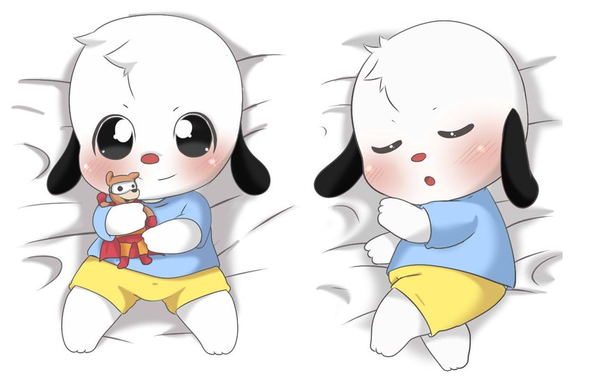 anthro blush blush_lines body_pillow_design bottomwear clothing male pants shirt sleeping solo topwear toy young young_anthro young_male toruu playkids lupi_(playkids) canid canine canis domestic_dog mammal