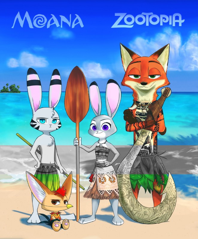 anthro beach big_ears blue_eyes bottomwear brown_eyes chest_tuft clothed clothing crossed_arms dipstick_ears ear_markings female flat_chested fur green_eyes group hand_on_hip holding_melee_weapon holding_object holding_sword holding_weapon inner_ear_fluff looking_at_viewer male melee_weapon multicolored_body multicolored_ears multicolored_fur navel outside pawpads purple_eyes seaside sitting size_difference skirt smile staff standing stripes sword topless tuft two_tone_body two_tone_fur weapon swetpot disney moana zootopia finnick_(zootopia) jack_savage judy_hopps moana_waialiki nick_wilde canid canine fennec_fox fox lagomorph leporid mammal rabbit red_fox true_fox 2017 crossover digital_media_(artwork) hi_res shaded