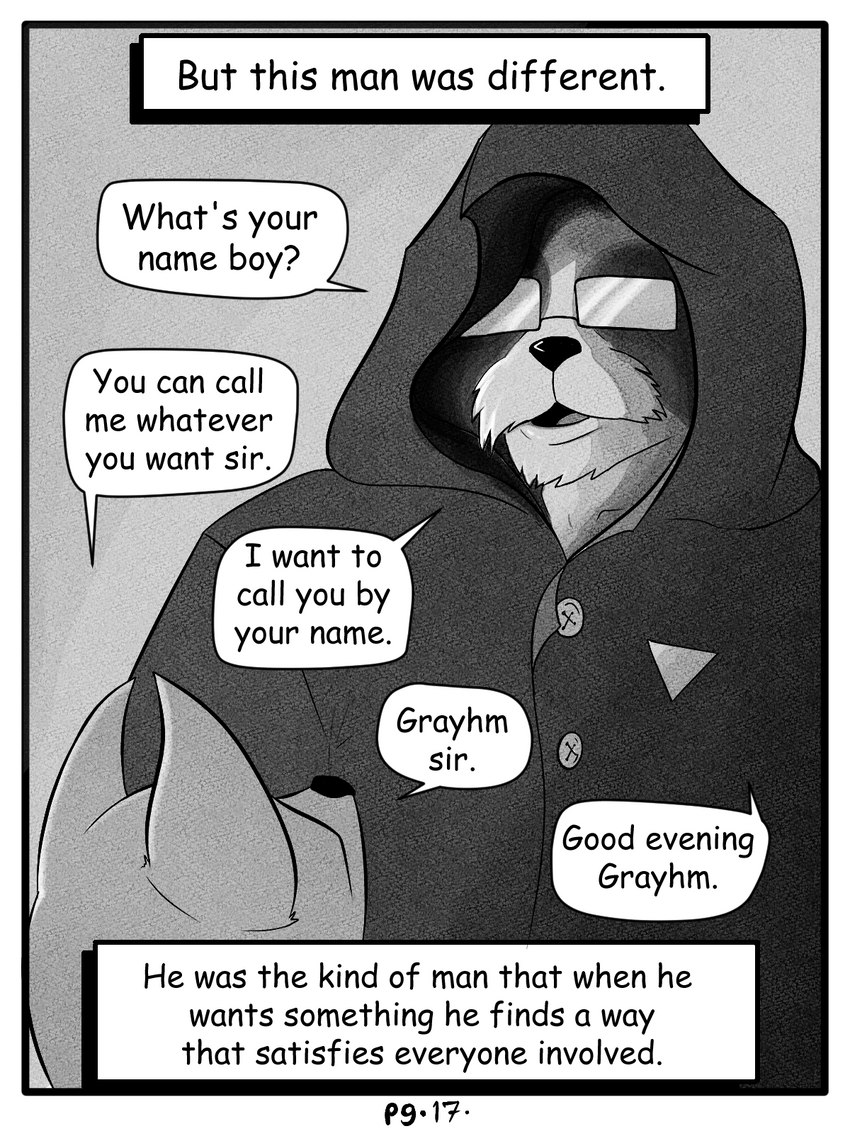 anthro cloak clothed clothing dialogue duo eyewear fur glasses male open_mouth overweight text young young_anthro wintersink bear giant_panda mammal murid murine rat rodent 3:4 comic english_text hi_res monochrome