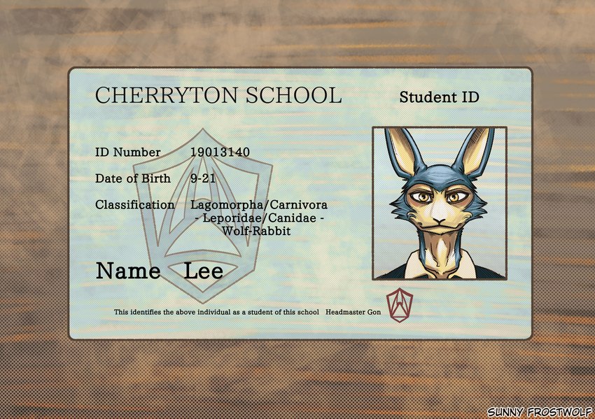 anthro clothing fur grey_body grey_fur id_card id_number insignia male multicolored_body multicolored_fur number school_uniform solo student text two_tone_body two_tone_fur uniform sunny_frostwolf beastars lee_(greatlizardwizard) legoshi's_chimera_(beastars) canid canine canis domestic_rabbit hybrid lagomorph leporid mammal oryctolagus rabbit wolf absurd_res bust_portrait colored english_text hi_res portrait