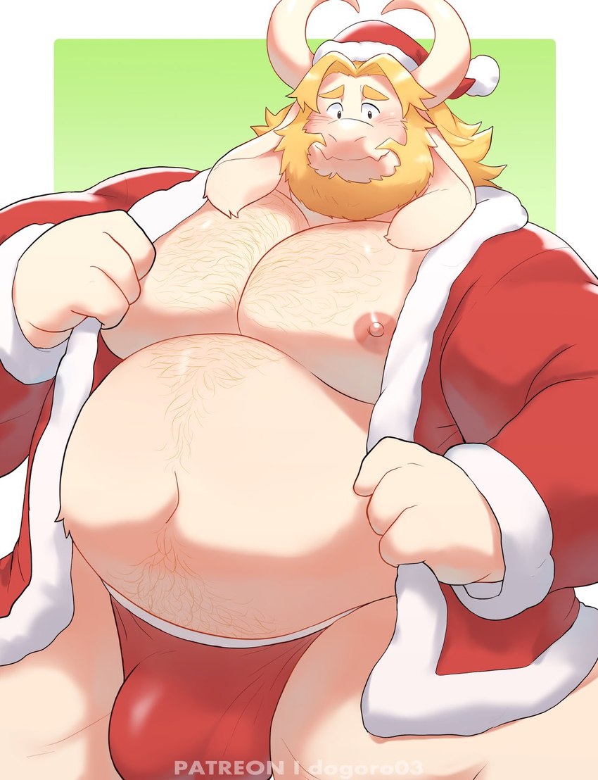 anthro areola barazoku beard belly big_belly big_bulge big_muscles blush border bulge christmas_clothing christmas_headwear clothed clothing coat costume eyebrows facial_hair fur green_background hair hat headgear headwear holidays horn huge_belly huge_bulge huge_muscles kemono long_ears looking_at_viewer male musclegut muscular muscular_anthro muscular_male navel nipples open_clothing open_coat open_topwear overweight overweight_anthro overweight_male pecs santa_costume santa_hat simple_background smile solo standing text thong topwear tuft underwear white_border o-ro christmas undertale_(series) asgore_dreemurr boss_monster_(undertale) bovid caprine goat mammal 2024 hi_res url