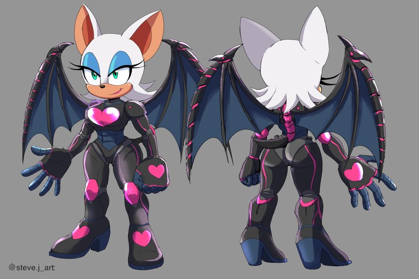 armor black_clothing boots butt clothing eyeshadow female footwear fur green_eyes high_heeled_boots high_heels machine makeup power_armor shoes solo standing tan_body white_body white_fur wings steve_jones sega sonic_the_hedgehog_(series) rouge_the_bat bat mammal full-length_portrait hi_res model_sheet portrait