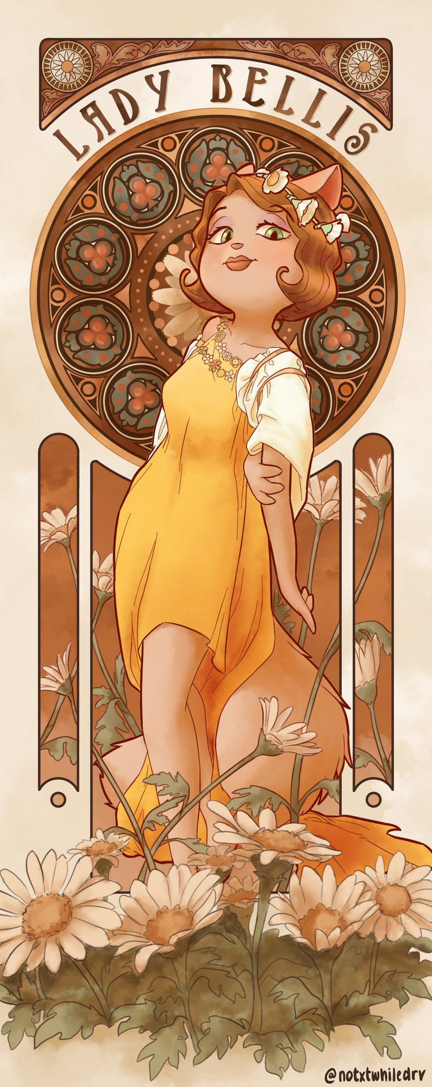 anthro art_nouveau breasts brown_hair clothed clothed_anthro clothed_female clothing daisy_(flower) dress exposure_variation female female_anthro floofy_tail flower flower_crown green_eyes hair hands_behind_back looking_at_viewer mucha plant poster poster_template solo style_emulation text wavy_hair yellow_clothing yellow_dress notxtwhiledrive lackadaisy mitzi_may domestic_cat felid feline felis mammal absurd_res digital_media_(artwork) english_text hi_res