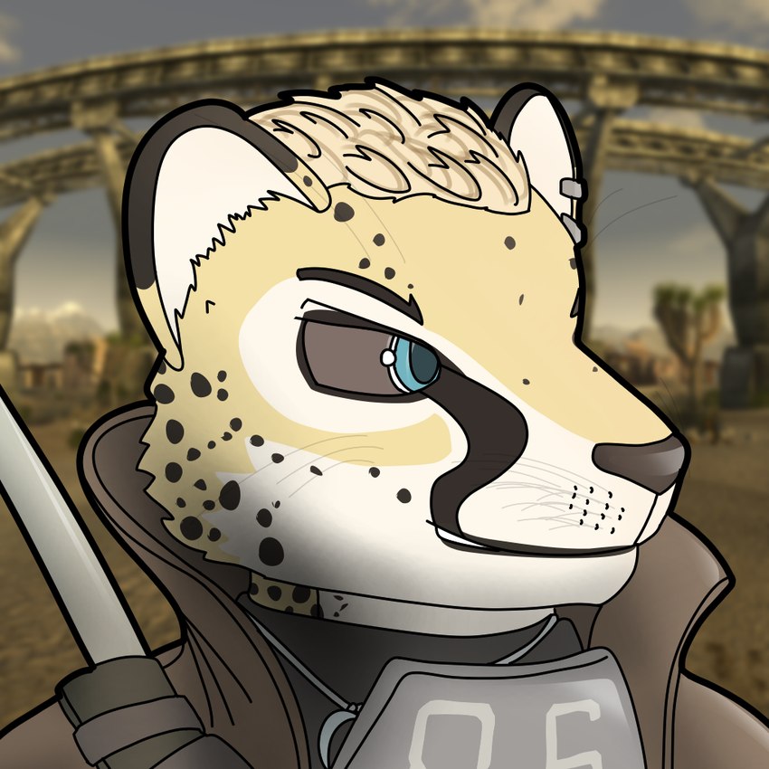 anthro desert male ncr_(fallout) new_vegas solo stargatemorro fallout microsoft ncr_ranger_(fallout) selreini_(character) cheetah felid feline mammal bust_portrait portrait