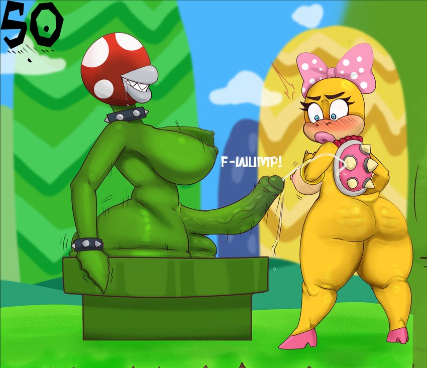 anthro big_breasts big_butt blush bodily_fluids breasts butt duo erection female genital_fluids genitals gynomorph gynomorph/female intersex intersex/female penis pipe plant precum surprise surprised_expression teaser thick_thighs souley69 mario_bros nintendo koopaling wendy_o._koopa elemental_creature flora_fauna piranha_plant hi_res