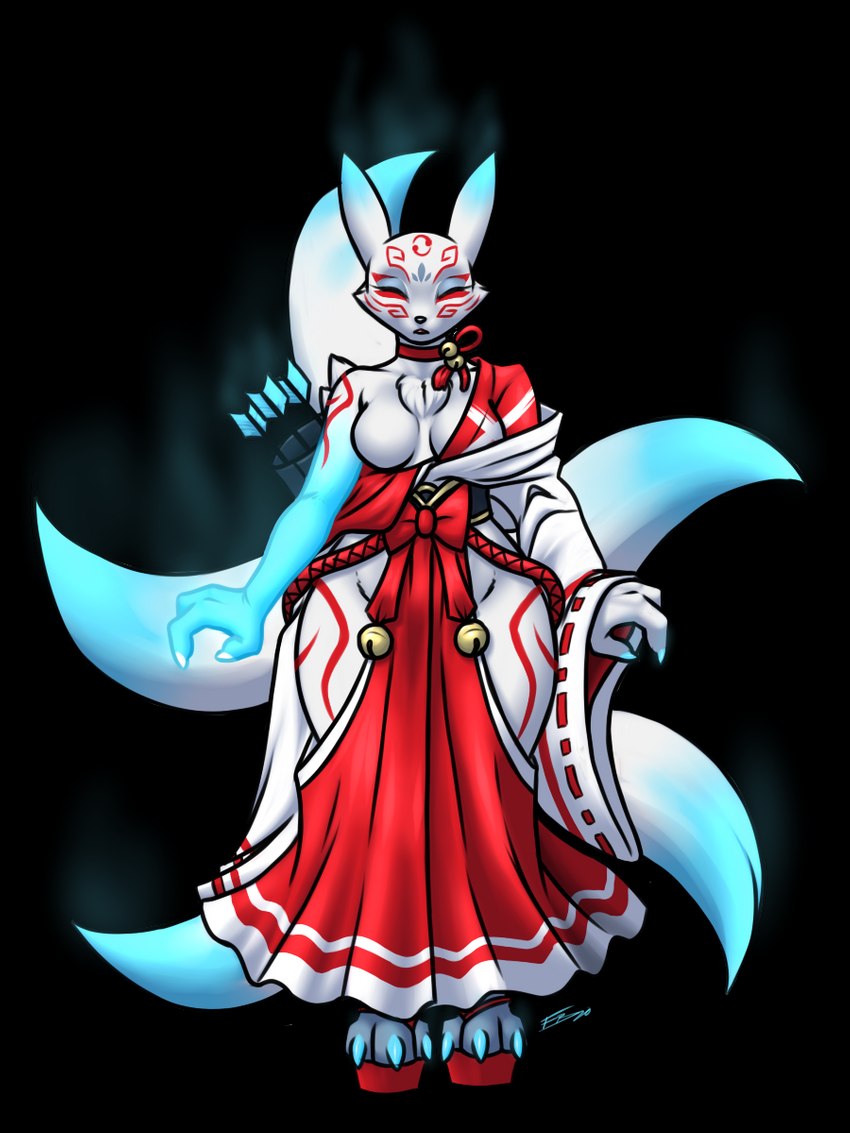 anthro asian_clothing clothing east_asian_clothing exposure_variation female japanese_clothing multi_tail solo tail furball bandai_namco digimon fan_character obanmon canid canine digimon_(species) fox mammal taomon 3:4 alpha_channel hi_res