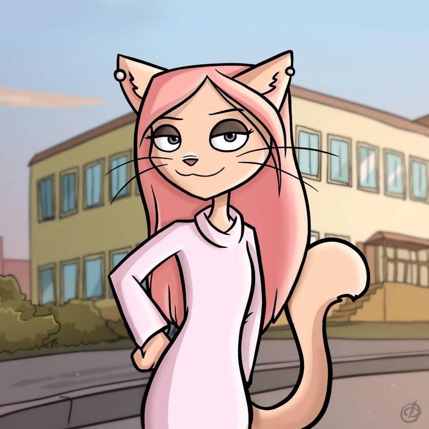 alternate_species anthro clothing ear_piercing eyeshadow female fur furrification grey_eyes hair looking_at_viewer makeup piercing pink_hair smile solo tan_body tan_fur metal_family diana_(metal_family) domestic_cat felid feline felis mammal 1:1