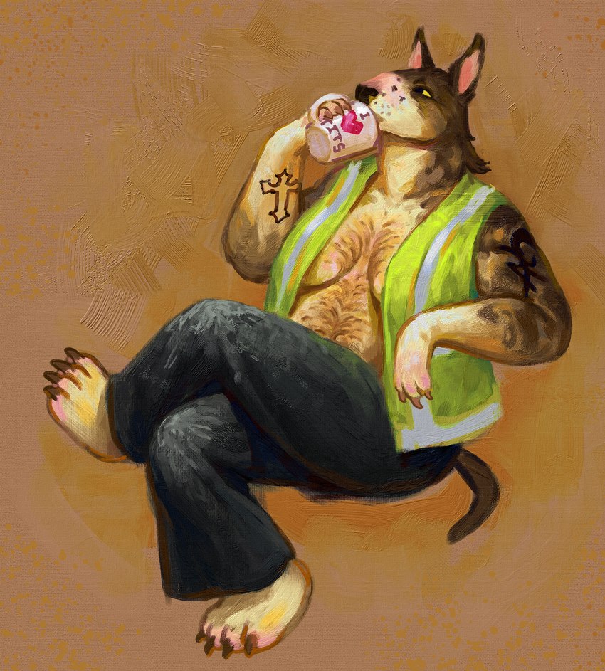 3_fingers 4_toes anthro arm_tattoo arms_bent barefoot bent_legs beverage black_nose bottomwear breasts brown_background brown_body brown_claws brown_fur brown_hair brown_tail claws clothed_female clothing container crossed_legs cup drinking feet female female_anthro finger_claws fingers fur green_clothing green_topwear green_vest grey_bottomwear grey_clothing grey_pants hair handpaw holding_container holding_cup holding_mug holding_object light medium_hair mug multicolored_body multicolored_fur oversized_bottomwear oversized_clothing oversized_pants pants paws pink_inner_ear relaxing safety_vest simple_background sitting solo tail tattoo text text_on_mug thick_thighs toe_claws toes topwear vest whisker_spots white_body white_fur yellow_eyes crazysodomite butch_animal_(flockdog) bull_terrier canid canine canis domestic_dog hunting_dog mammal terrier 2024 digital_drawing_(artwork) digital_media_(artwork) english_description english_text hi_res lighting shaded trans_(lore) trans_woman_(lore)