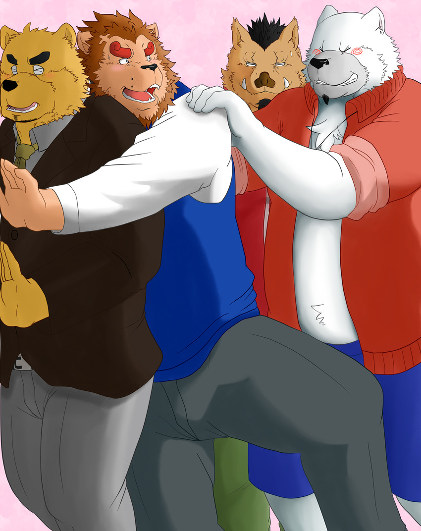 anthro belly bottomwear brown_body brown_fur clothing eyes_closed fur group humanoid_hands kemono male pants shirt slightly_chubby topwear white_body white_fur kuma_(pixiv_881259) kumadasi bear felid lion mammal pantherine polar_bear suid suine sus_(pig) ursine wild_boar 2011 hi_res