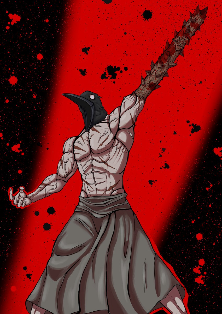 5_fingers abs amputee apron beak black_background black_beak black_body black_feathers brown_apron brown_clothing clothing disability feathers fingers for_a_head male melee_weapon muscular muscular_humanoid muscular_male no_pupils open_beak open_mouth pattern_background pose raised_arm raised_weapon red_background scar scars_all_over shirtless shirtless_humanoid shirtless_male simple_background solo standing vein veiny_muscles weapon weapon_arm white_body white_skin katlike_rider fear_and_hunger crow_mauler animal_head animal_humanoid avian avian_humanoid bird bird_humanoid corvid corvid_humanoid corvus_(genus) corvus_humanoid crow crow_humanoid humanoid oscine passerine 2023 colored hi_res shaded